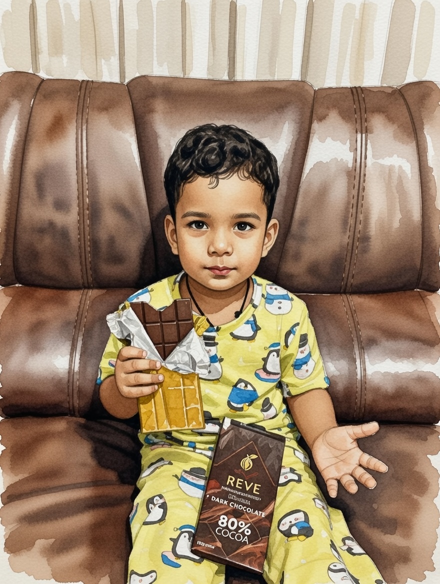 Illustration of a child happily eating a Reve dark chocolate bar