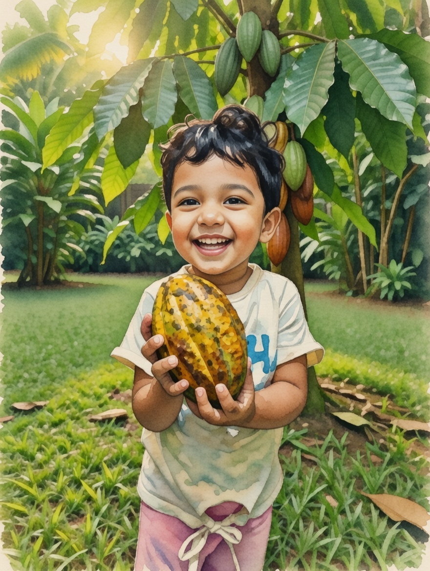 Illustration of a child holding a fresh cacao pod from a Sri Lankan cacao tree